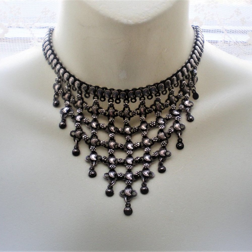 Vintage Rajasthan India Signed RA Sterling Silver BIB Necklace Choker Collier
